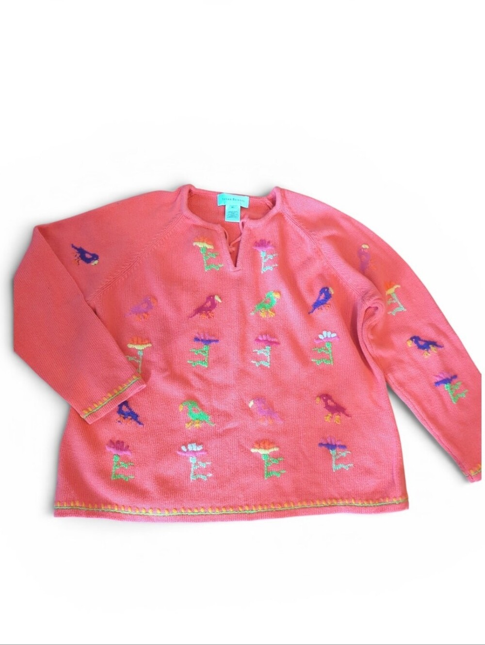 Vtg. Birds & flowers embroidered Southwestern ramie pullover coral sweater sz XL